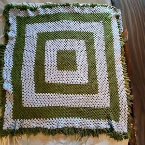 Vintage Grannycore Crochet Blanket Afghan/Throw 74" x 74" Green Blue 70s